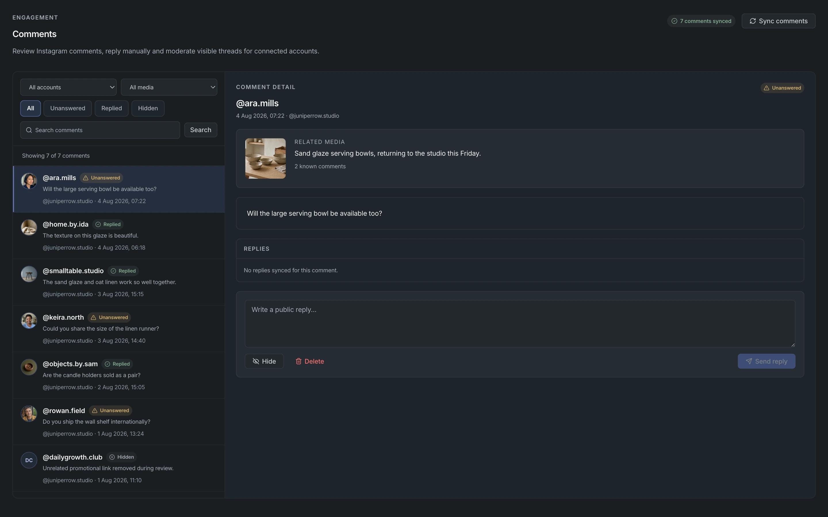 Apionics Comments showing a selected Instagram comment, its related media, replies, and moderation controls