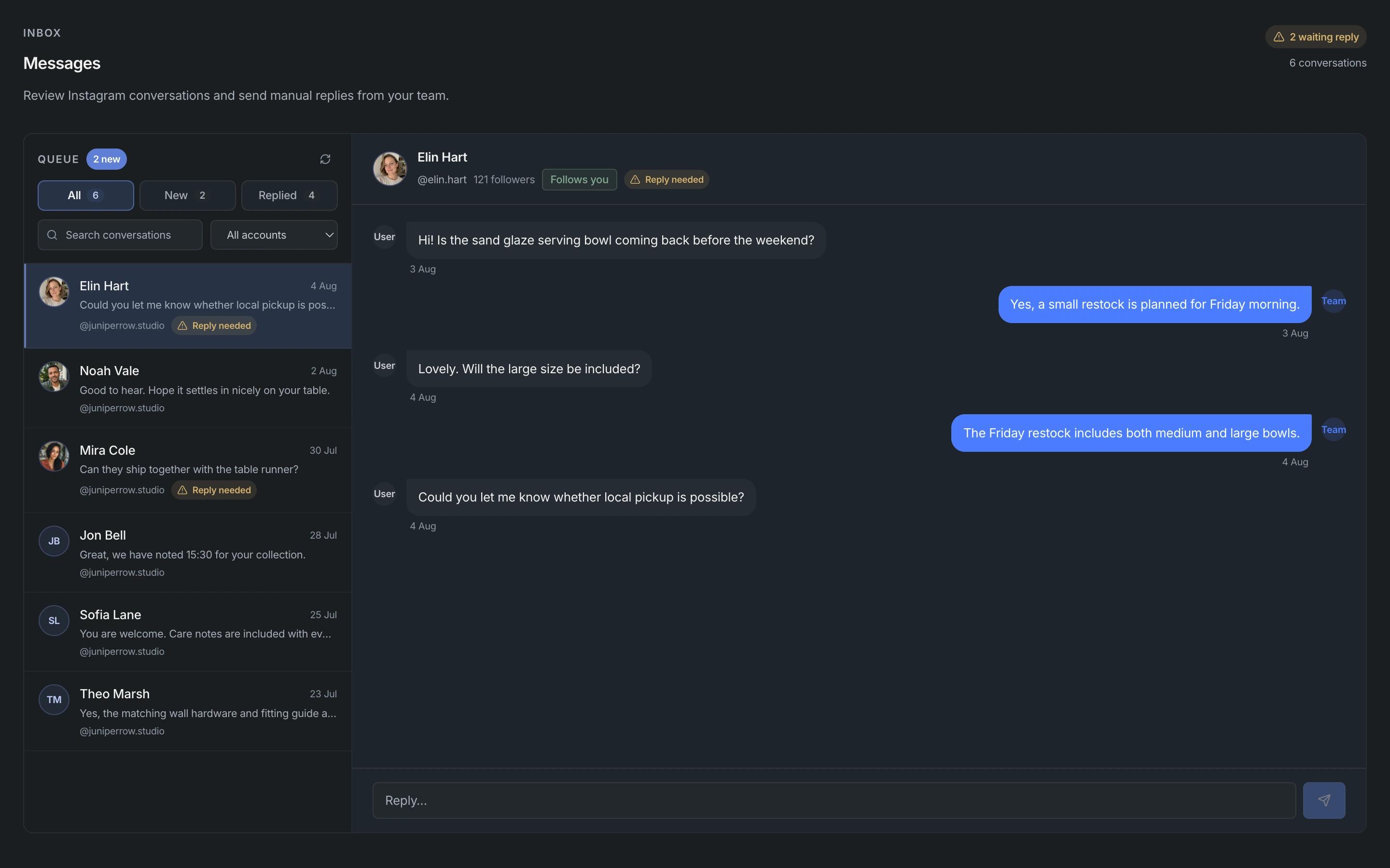 Apionics Inbox showing a selected Instagram conversation and a reply field