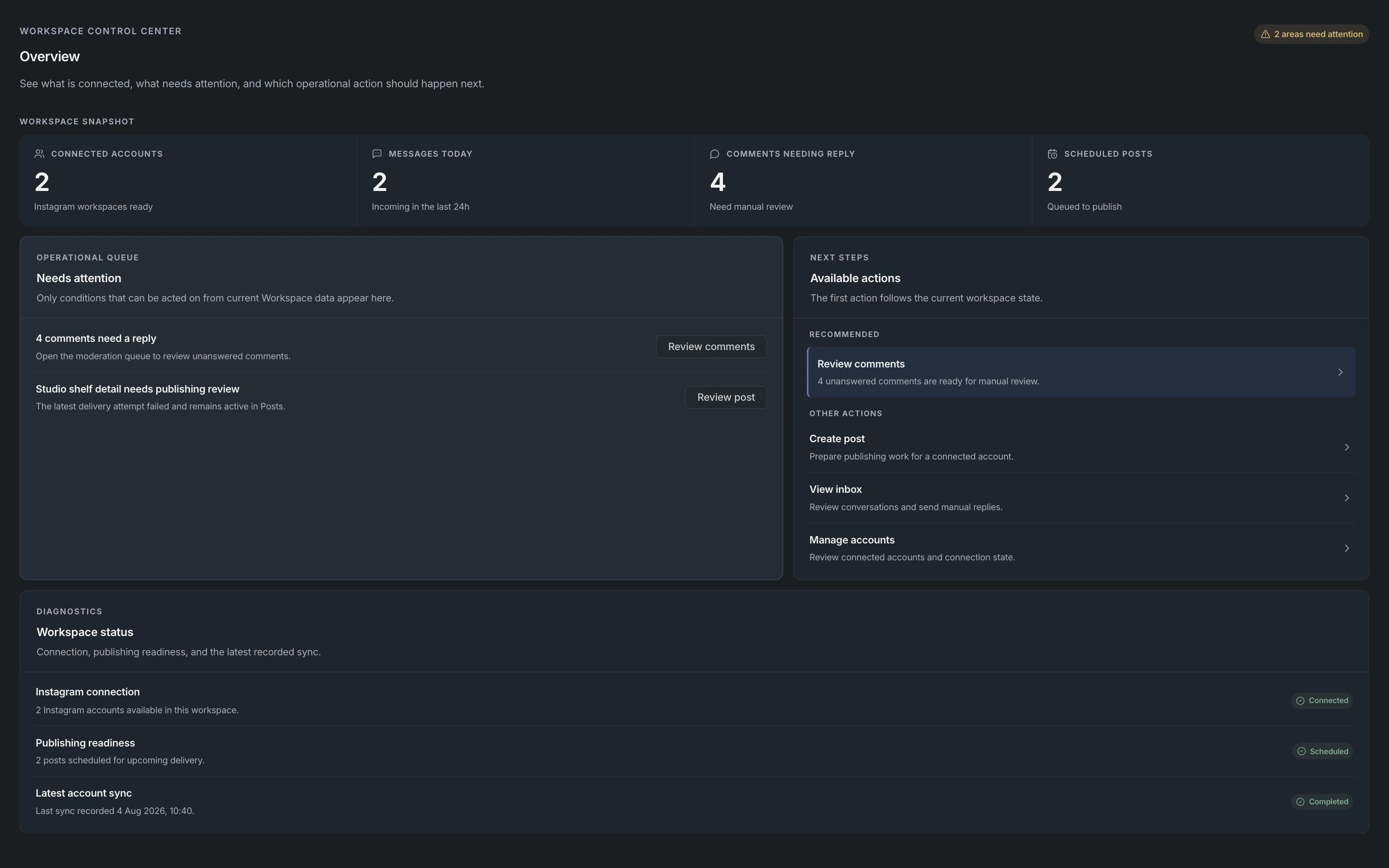 Apionics Overview showing a connected Workspace, operational queue, next steps, and diagnostics