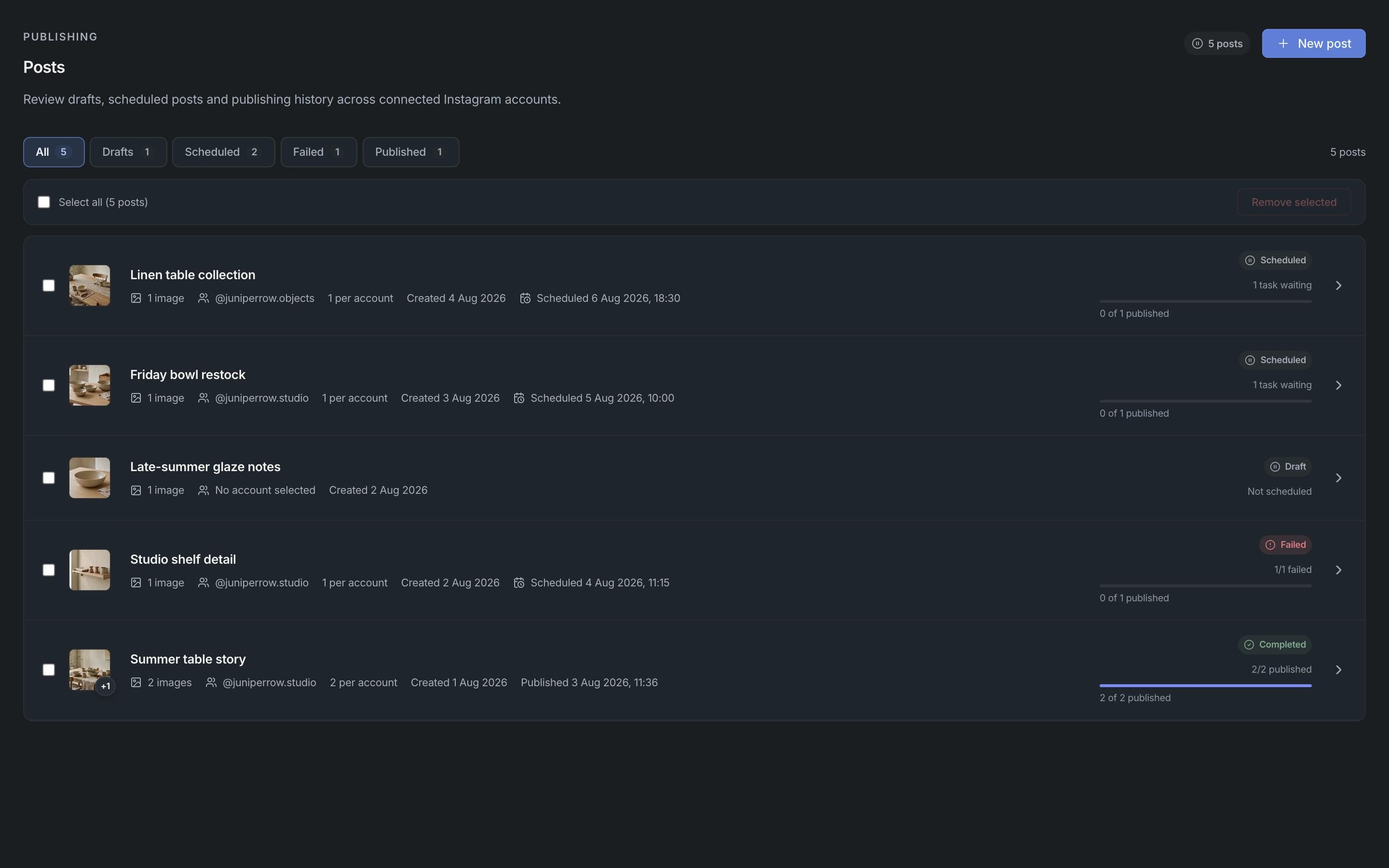 Apionics Posts showing publishing status, connected account handles, and scheduled work